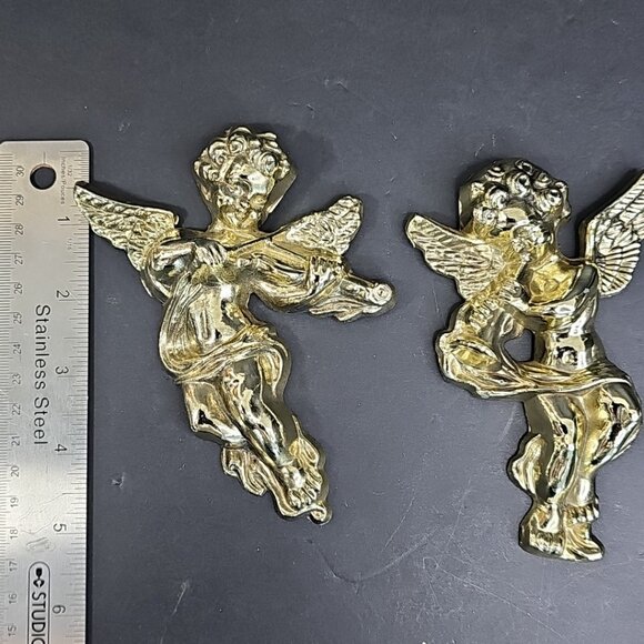 Vintage Cherubs Wall Decor Metal Angels Music Instrument Figures Golden Lot Of 2 - Picture 6 of 14